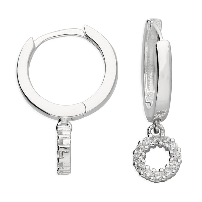 SILVER AND CUBIC ZIRCONIA OPEN CIRCLE CHARM HUGGIE EARRINGS