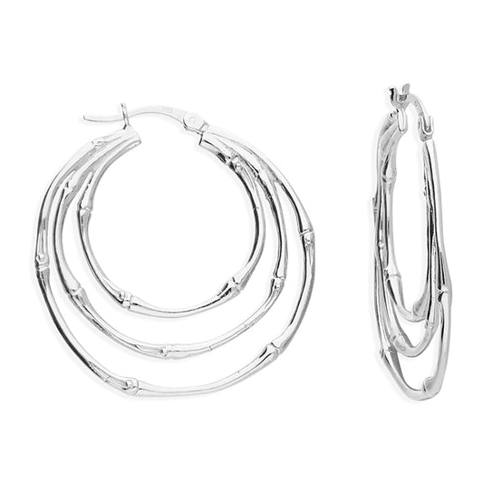 SILVER TRIPLE BAMBOO HOOP EARRINGS