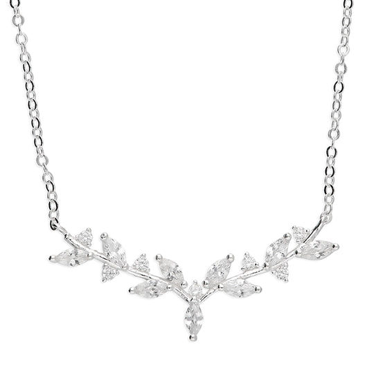 Silver and cubic zirconia branch and leaf design necklace
