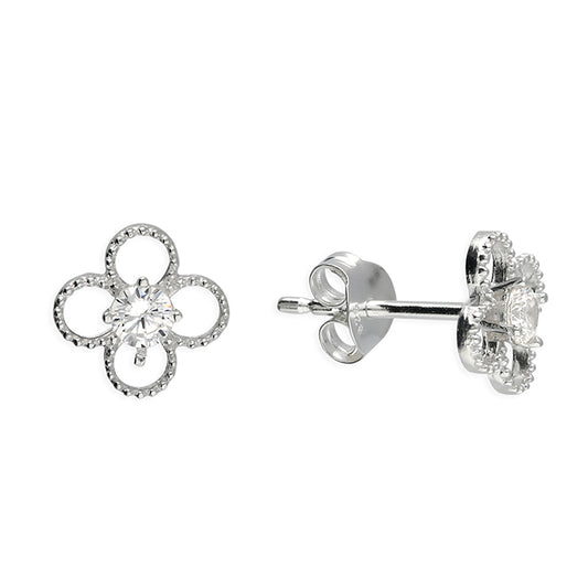 Silver and cubic zirconia Quatrefoil wire Stud earrings
