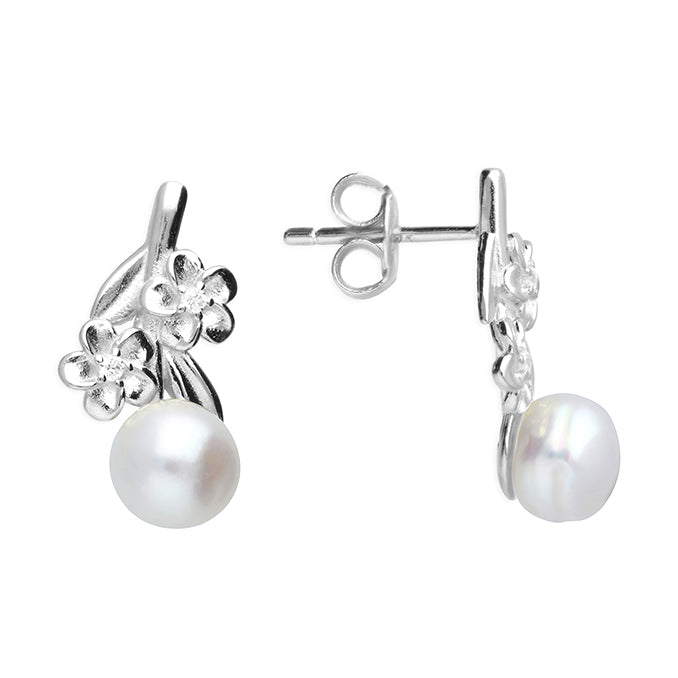 Silver and freshwater pearl and cubic zirconia flowers stud earrings