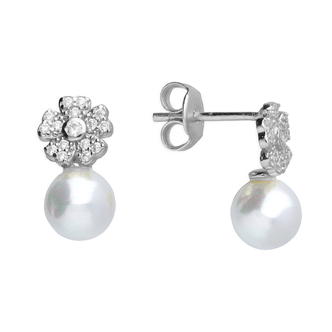 Silver, shell pearl and cubic zirconia flower stud earrings