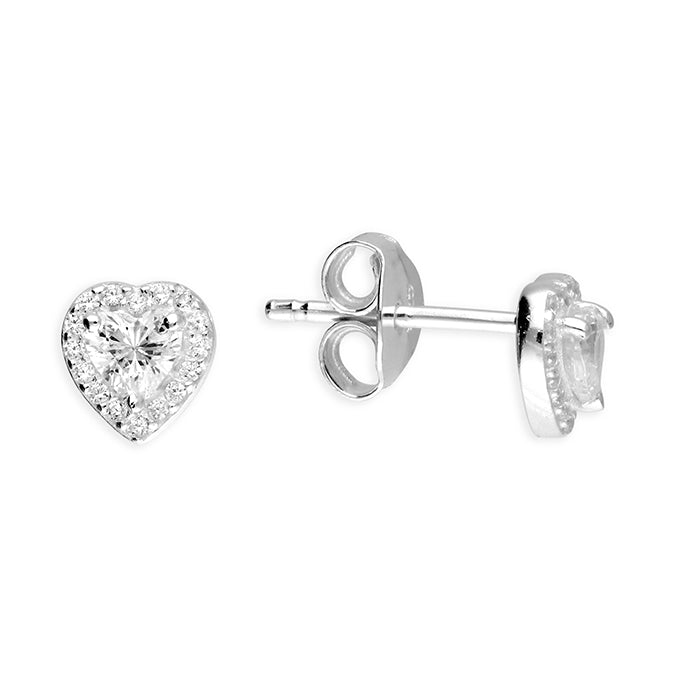 Silver and cubic zirconia heart halo stud earrings