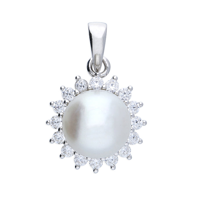 Silver and cubic zirconia with white freshwater pearl pendant