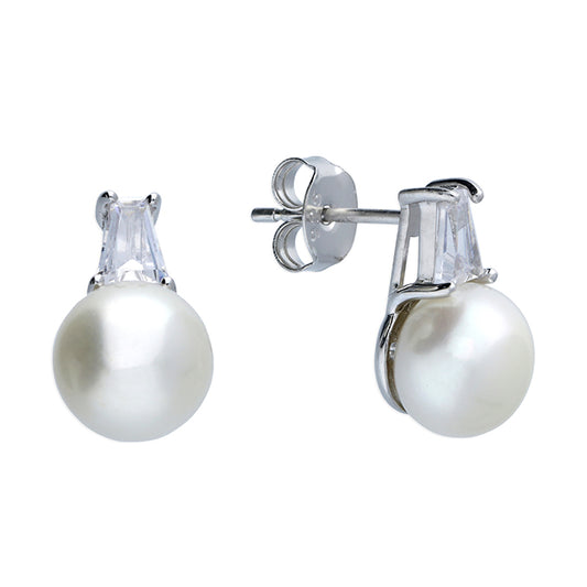 Silver, freshwater pearl and cubic zirconia drop earrings