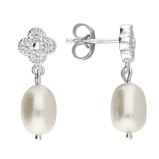 Silver, freshwater pearl and cubic zirconia quatrefoil drop earrings