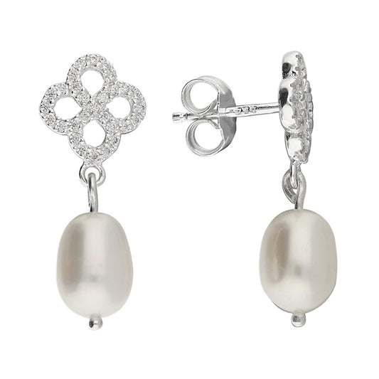 Silver, freshwater pearl and cubic zirconia open quatrefoil drop earrings