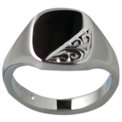 Silver soild oval half engraved gents signet ring