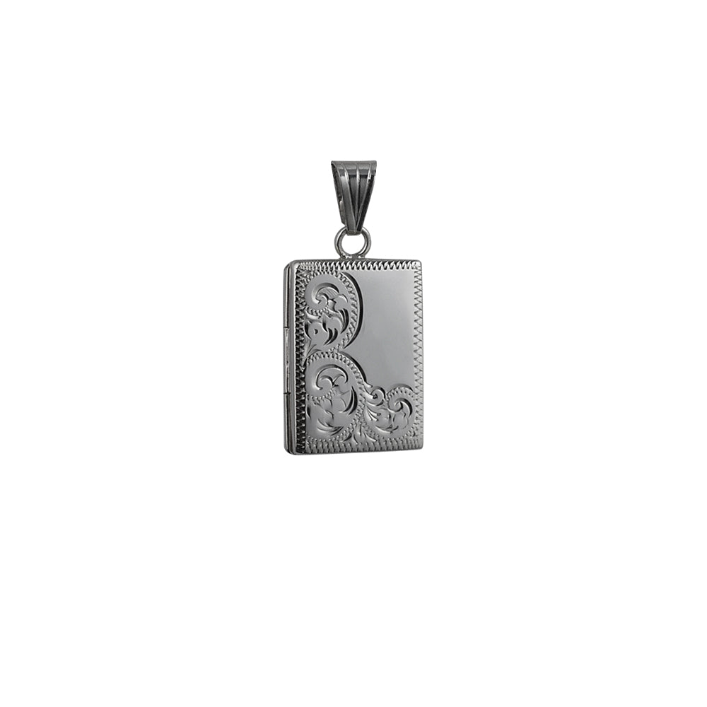 silver rectangular half engraved flat locket pendant and chain