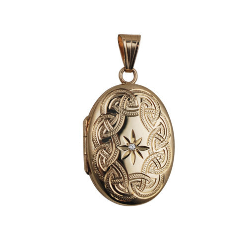9ct gold and diamond large oval engraved locket and chain