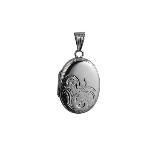 silver half engraved oval locket on a silver chain