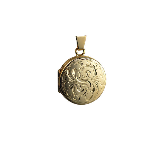 9ct gold flat circlular engraved locket and chain