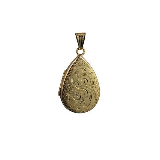 9ct gold large flat teardrop engraved locket and chain
