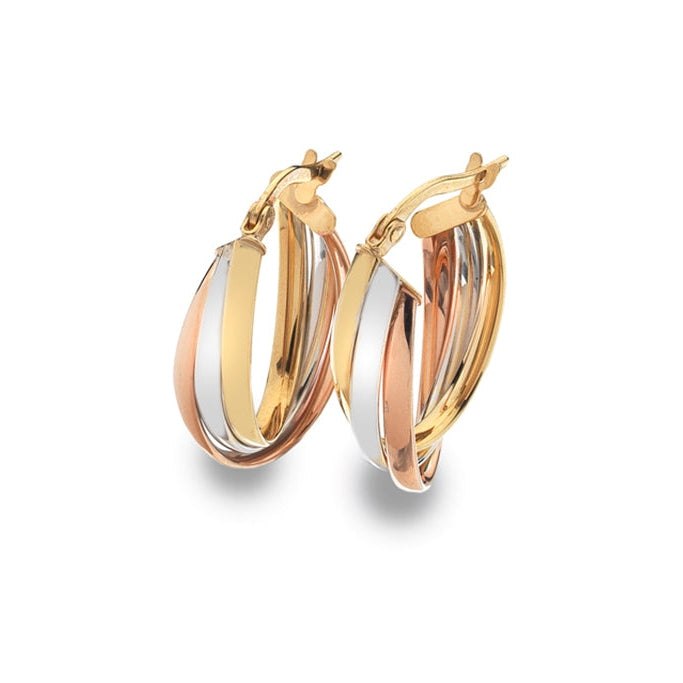 9CT Rose, White and Yellow Gold oval hoops