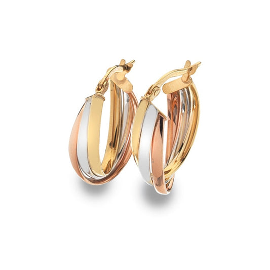 9CT Rose, White and Yellow Gold oval hoops