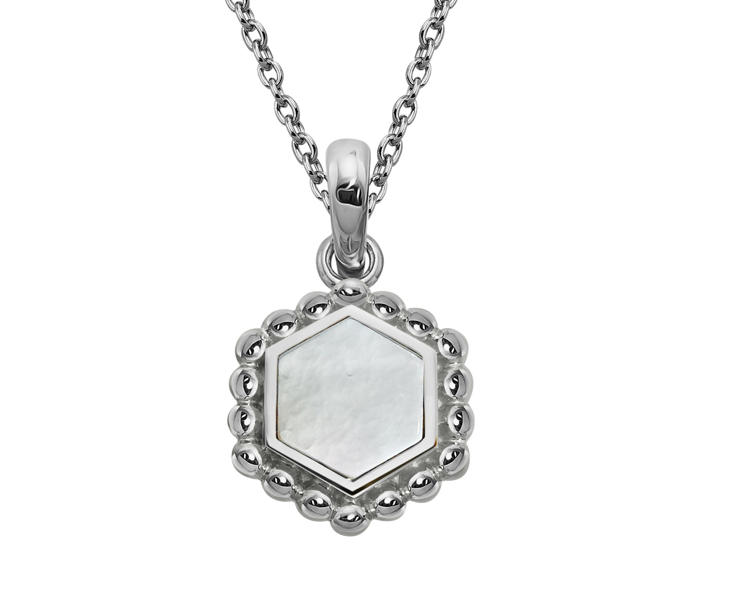 Silver and Mother of Pearl hexagon shaped pendant with beaded edge