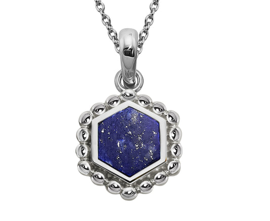Silver and lapis Lazuli hexagon pendant with beaded edge