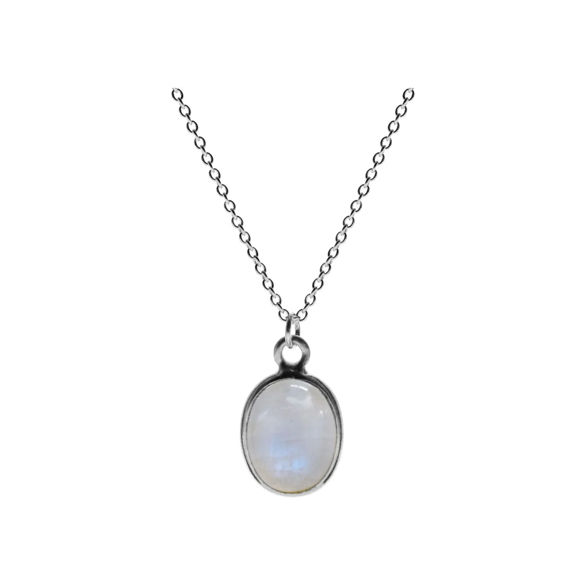 Silver oval rainbow moonstone pendant on a silver chain.