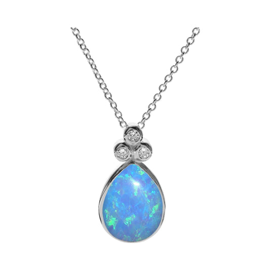 Silver, Blue Opalique and Cubic Zirconia teardrop pendant and chain