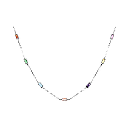 Silver chain necklace with baguette cut cubic zirconia.