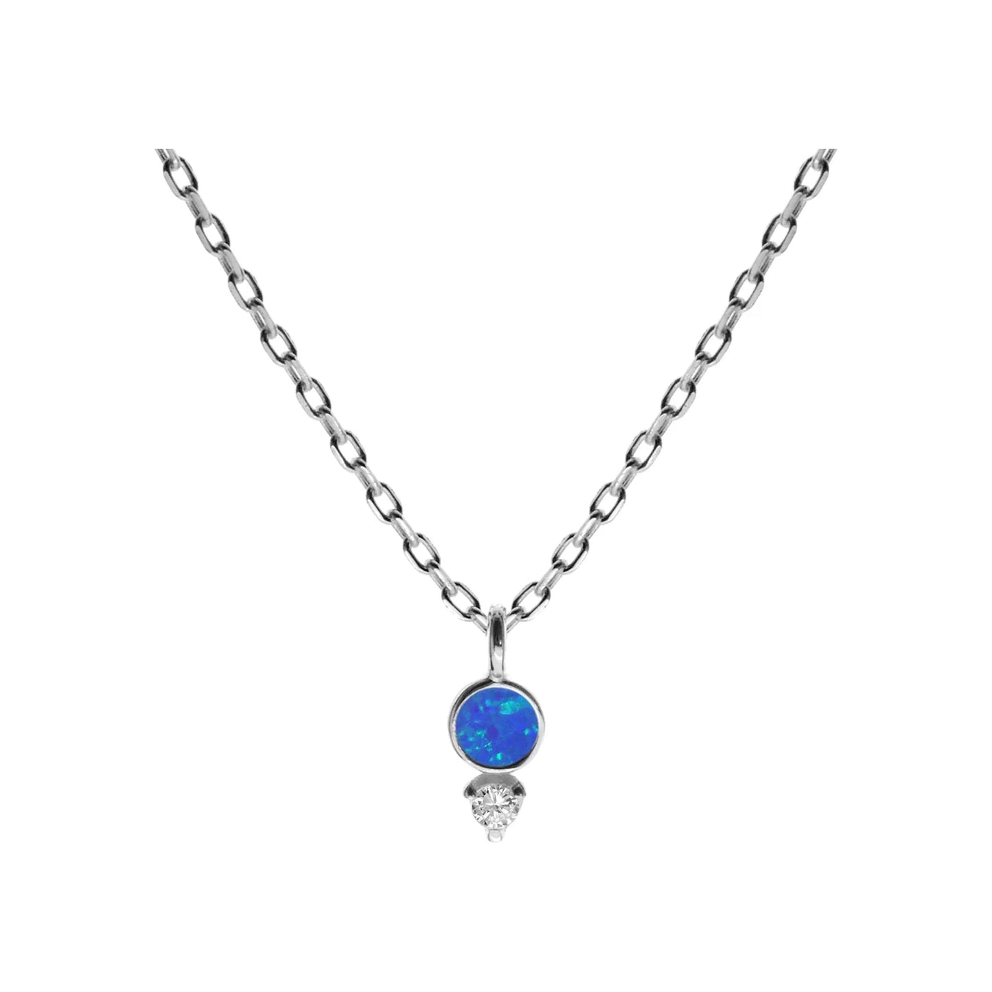 Silver, Blue Opalique and Cubic Zirconia round pendant and chain