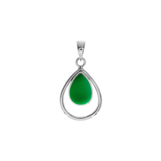 Green agate teardrop in open teardrop pendant.