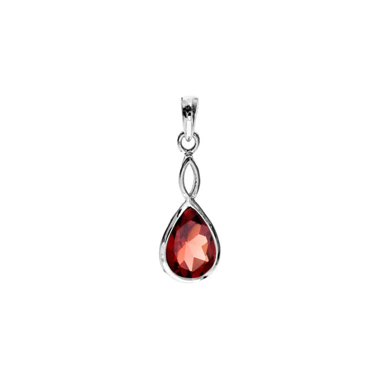 Silver and Garnet teardrop faceted pendant with crossover detail.
