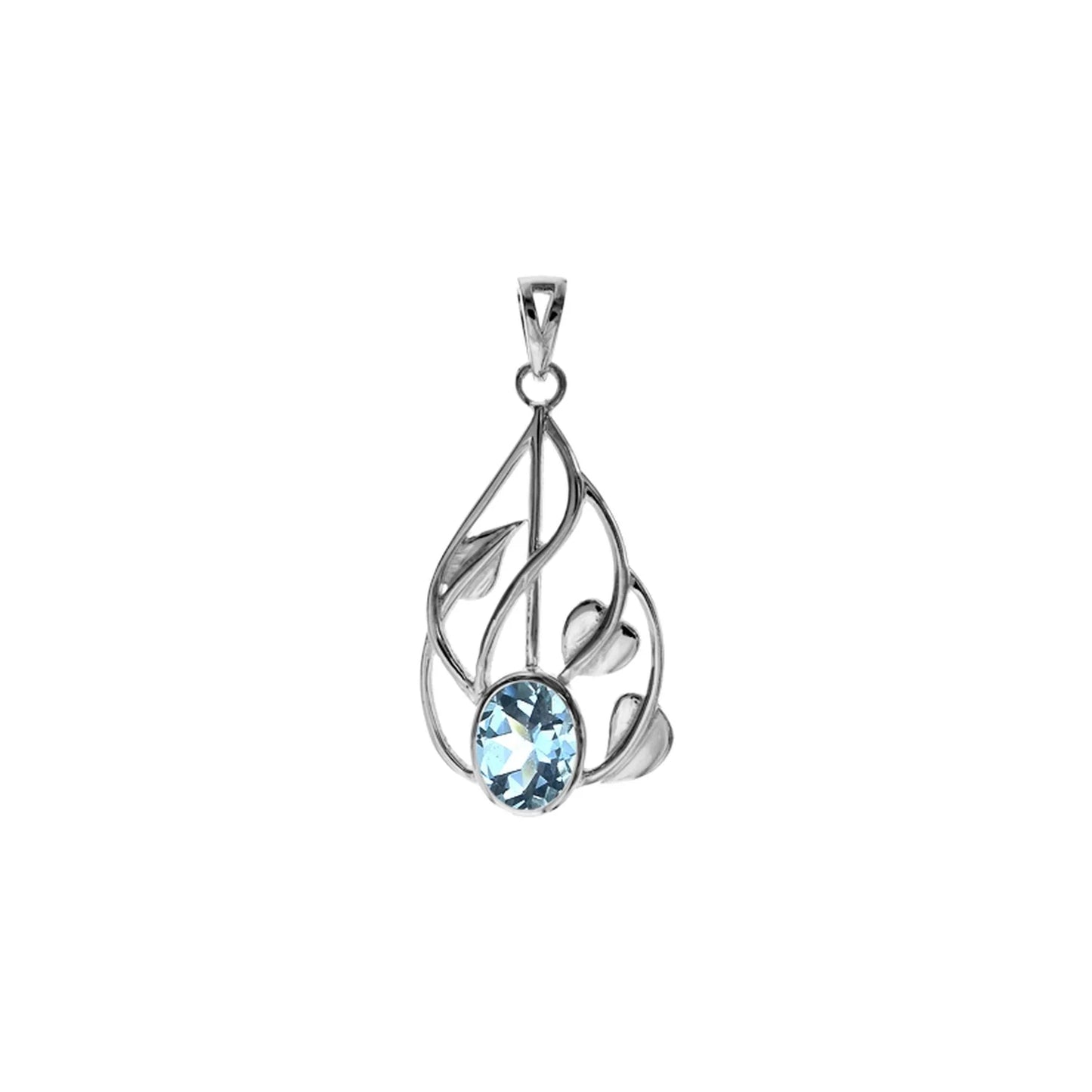 Silver and faceted blue topaz teardrop pendant with vine surround.