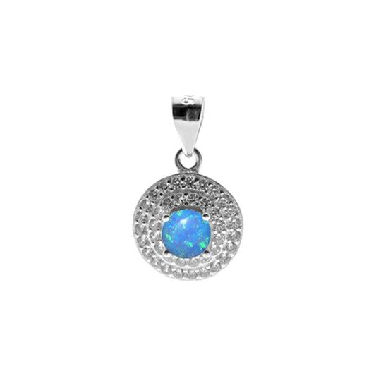 Silver, Blue Opalique and double row Zirconia round cluster pendant