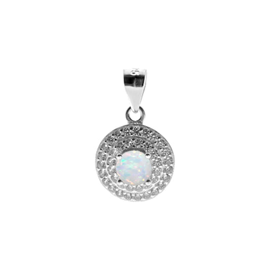 Silver, White Opalique and double row Cubic Zirconia round cluster pendant