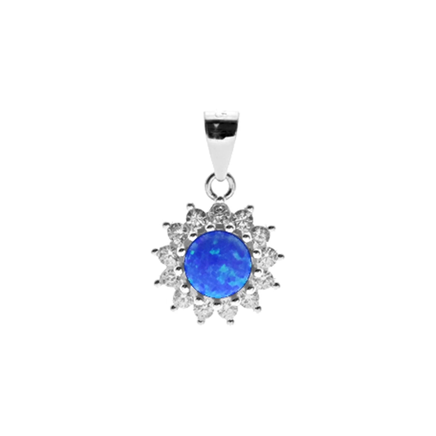 Silver, Blue Opalique and Cubic Zirconia sunburst cluster necklace and stud earrings set