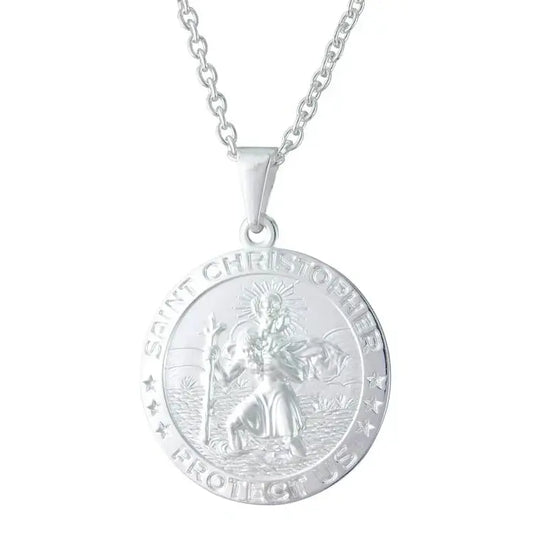 Silver large round St Christopher pendant.