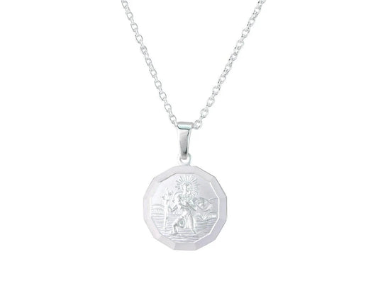 Silver round faceted St Christopher pendant.