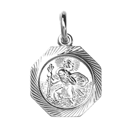 Silver diamond cut edge octagonal St Christopher pendant
