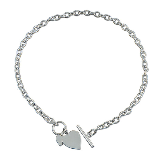 Silver double heart and T-bar Necklace