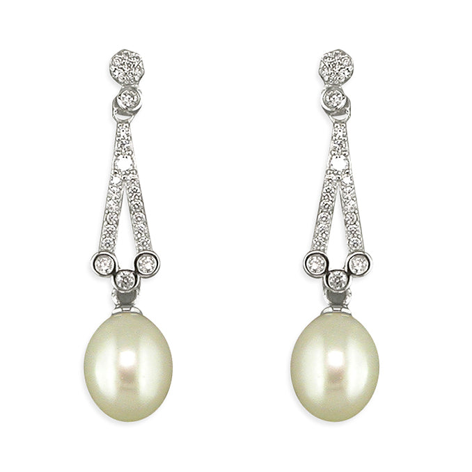 Silver, freshwater pearl and cubic zirconia drop earrings
