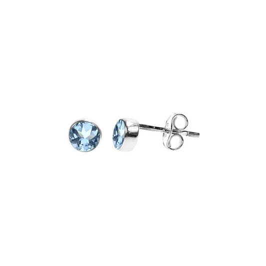 Silver and Blue Topaz round bezel set stud earrings.