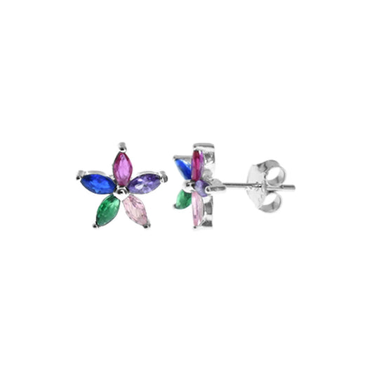 Silver and multi colour Cubic Zirconia flower necklace and stud earrings set