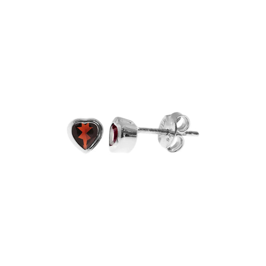 Silver and Garnet bezel set heart necklace and stud earrings set