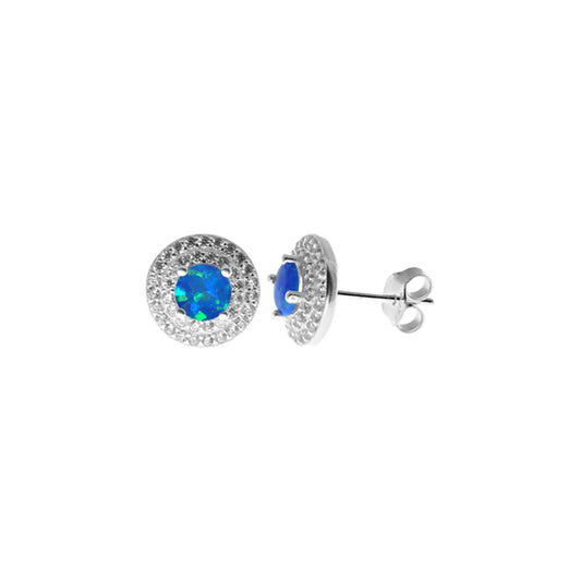 Silver, Blue Opalique and Cubic Zirconia round cluster stud earrings