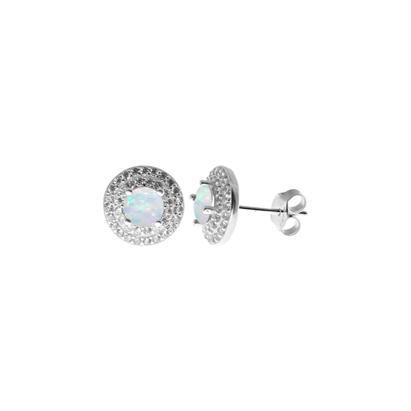 Silver, Opalique and Cubic Zirconia round cluster stud earrings