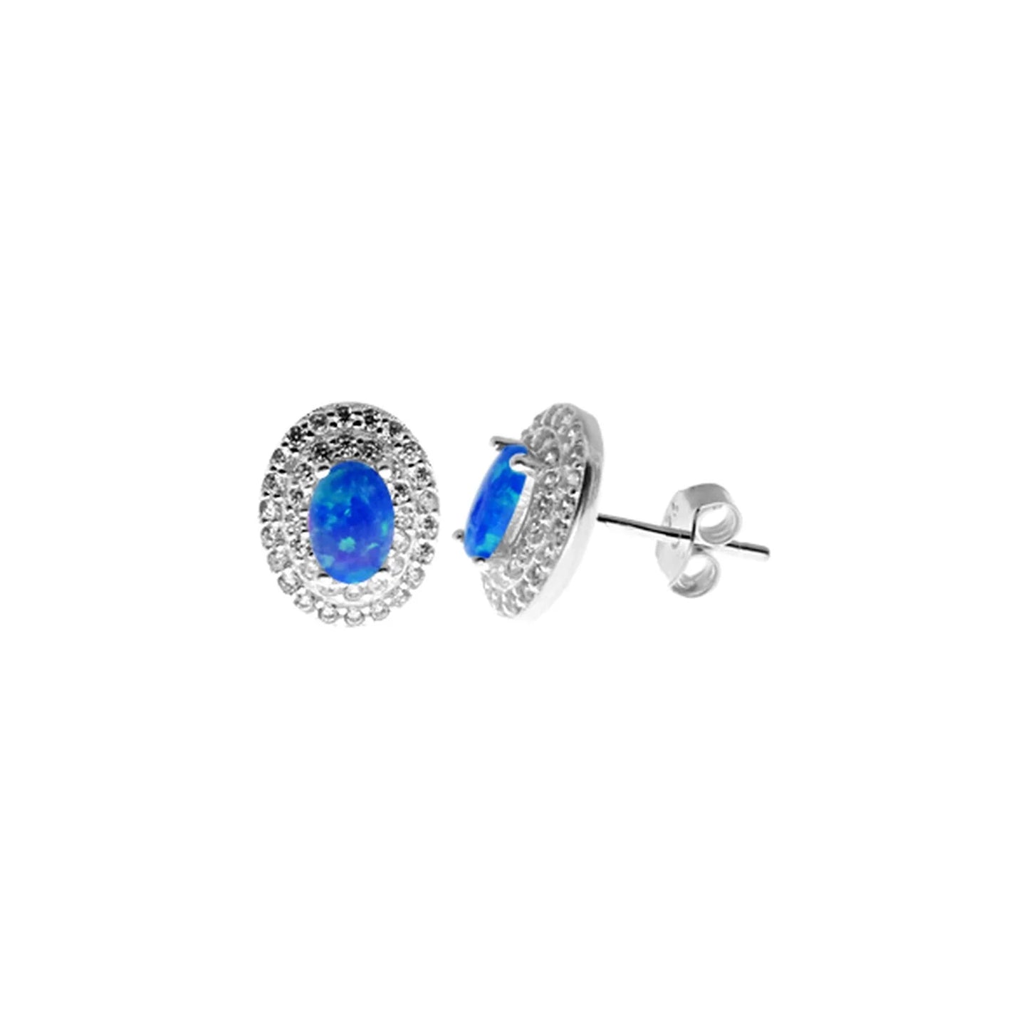 Silver, Blue and Cubic Zirconia oval cluster stud earrings