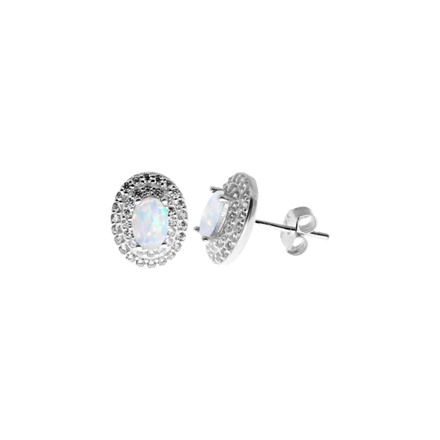 Silver, Opalique and Cubic Zirconia oval cluster necklace and stud earrings set