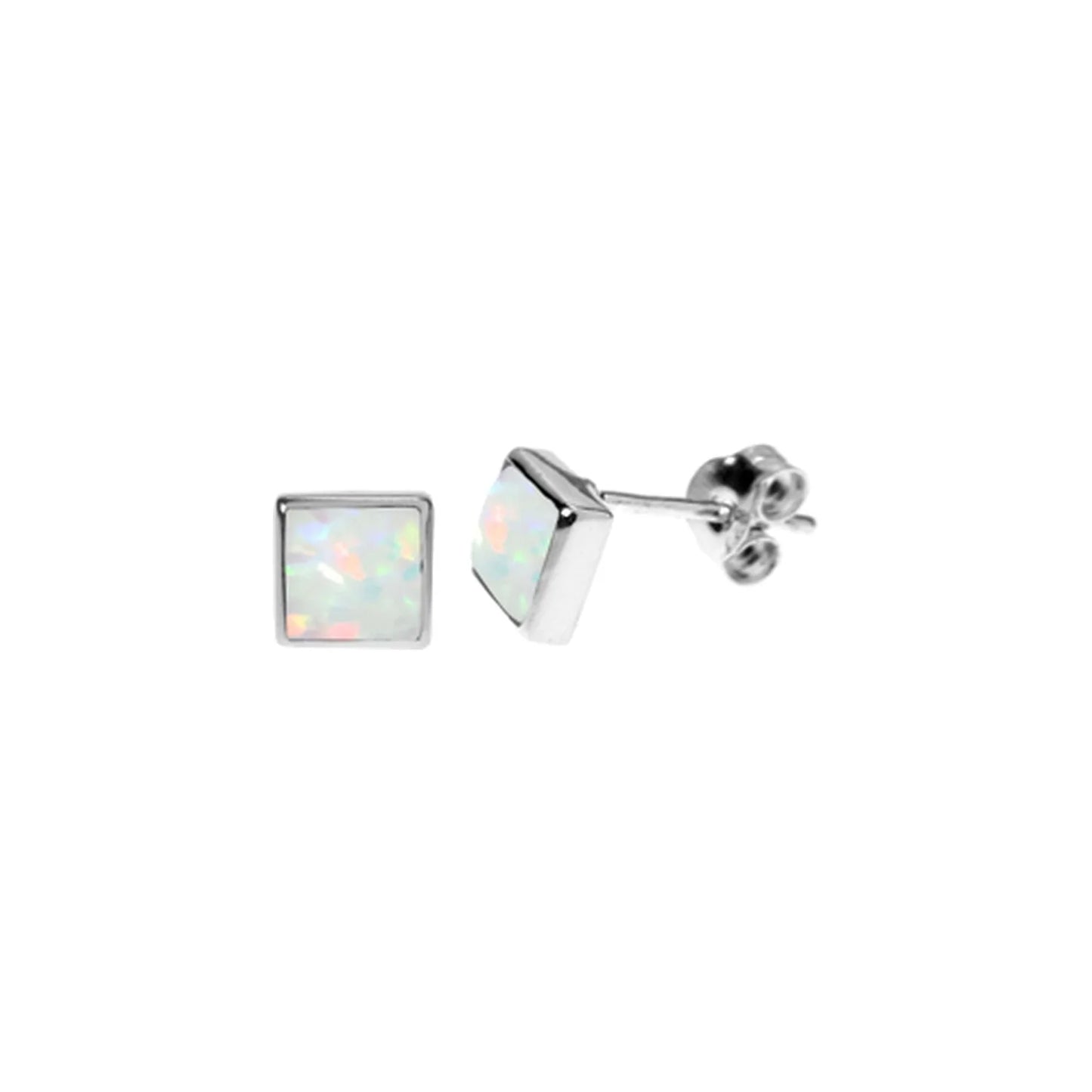 Silver and White Opalique cushioned Stud Earrings.