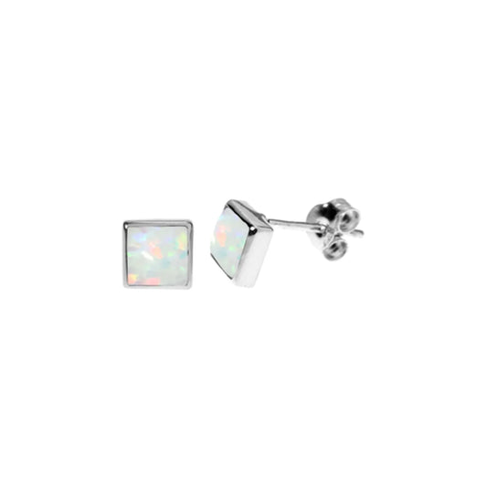 Silver and White Opalique cushioned Stud Earrings.