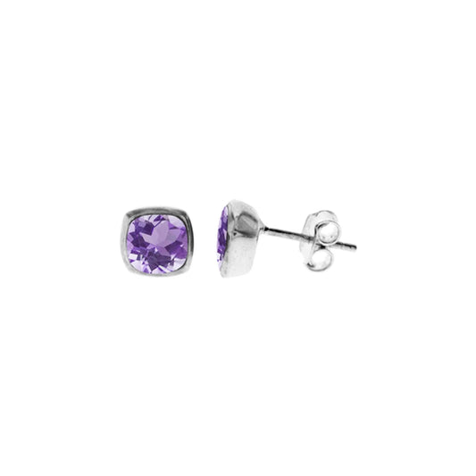 Silver and Amethyst facted cushioned Stud Earrings