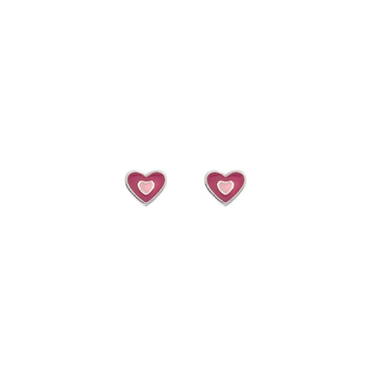 silver and pink enamel heart stud earrings
