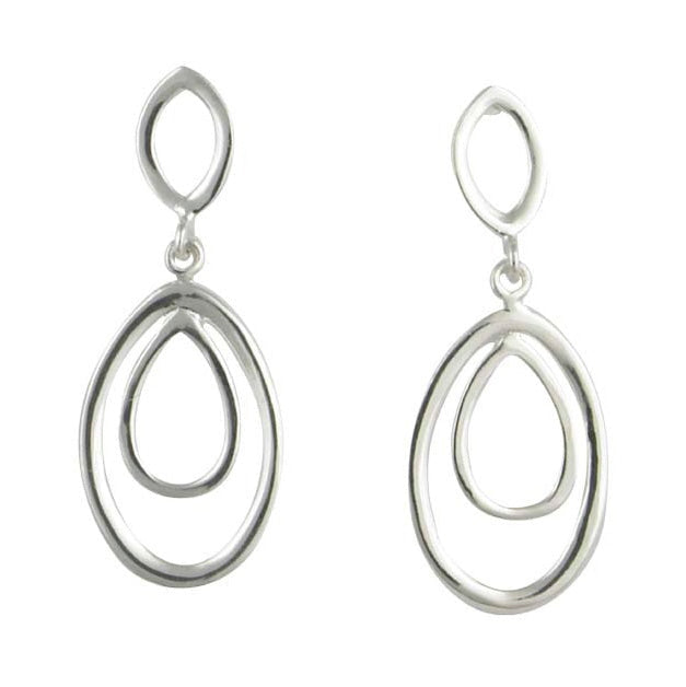 Silver double oval shape drop earrings