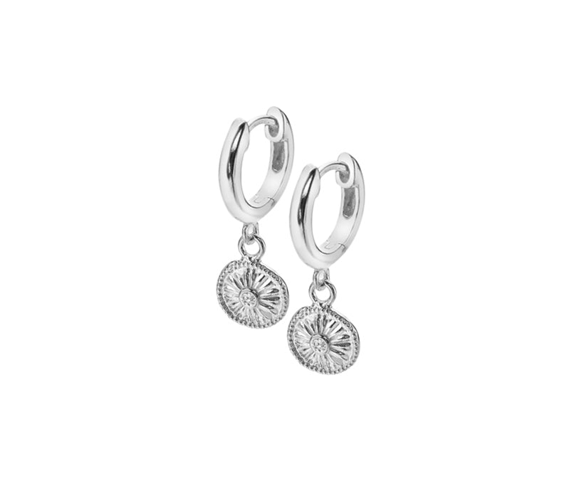 Silver Cubic Zirconia Disc Drop  Huggie Earrings