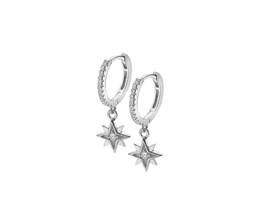 Silver Hoop with Cubic Zirconia Starburst Drop Huggie earrings
